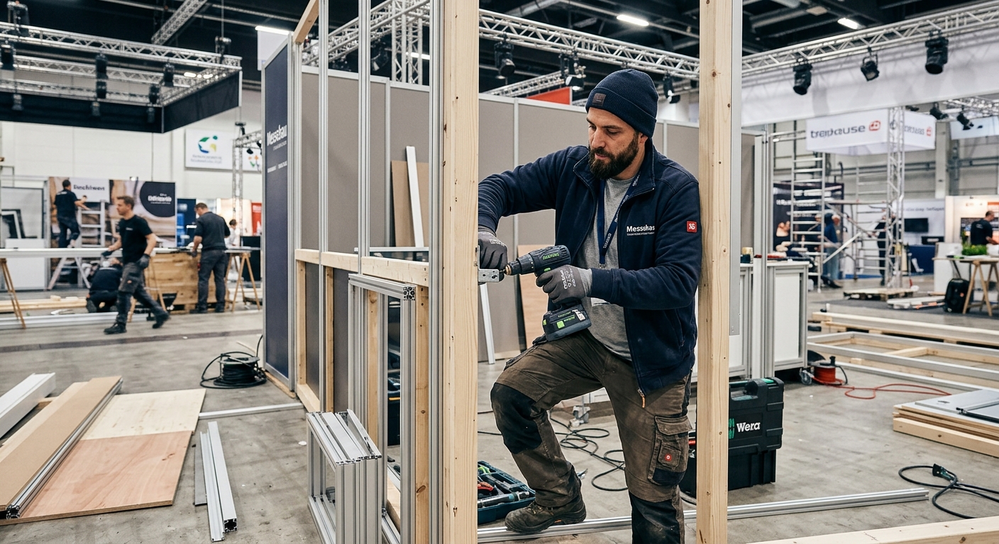 Messebauer montiert einen Messestand mit Holzrahmen und Akkuschrauber
